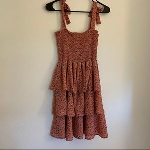 Tie shoulder, Tiered Ruffle Floral Print Dress Pink